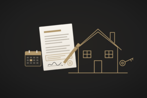2026-contract-for-sale-NSW Illustration of a signed contract for sale with a highlighted clause, beside a house, a calendar and a key