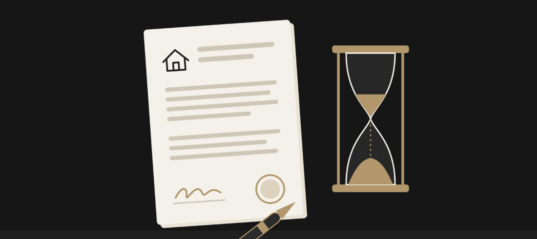 Signed property contract and pen beside an hourglass with the sand almost run out