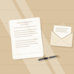 Tidy desk with a stack of papers, a pen and an open envelope in soft natural light