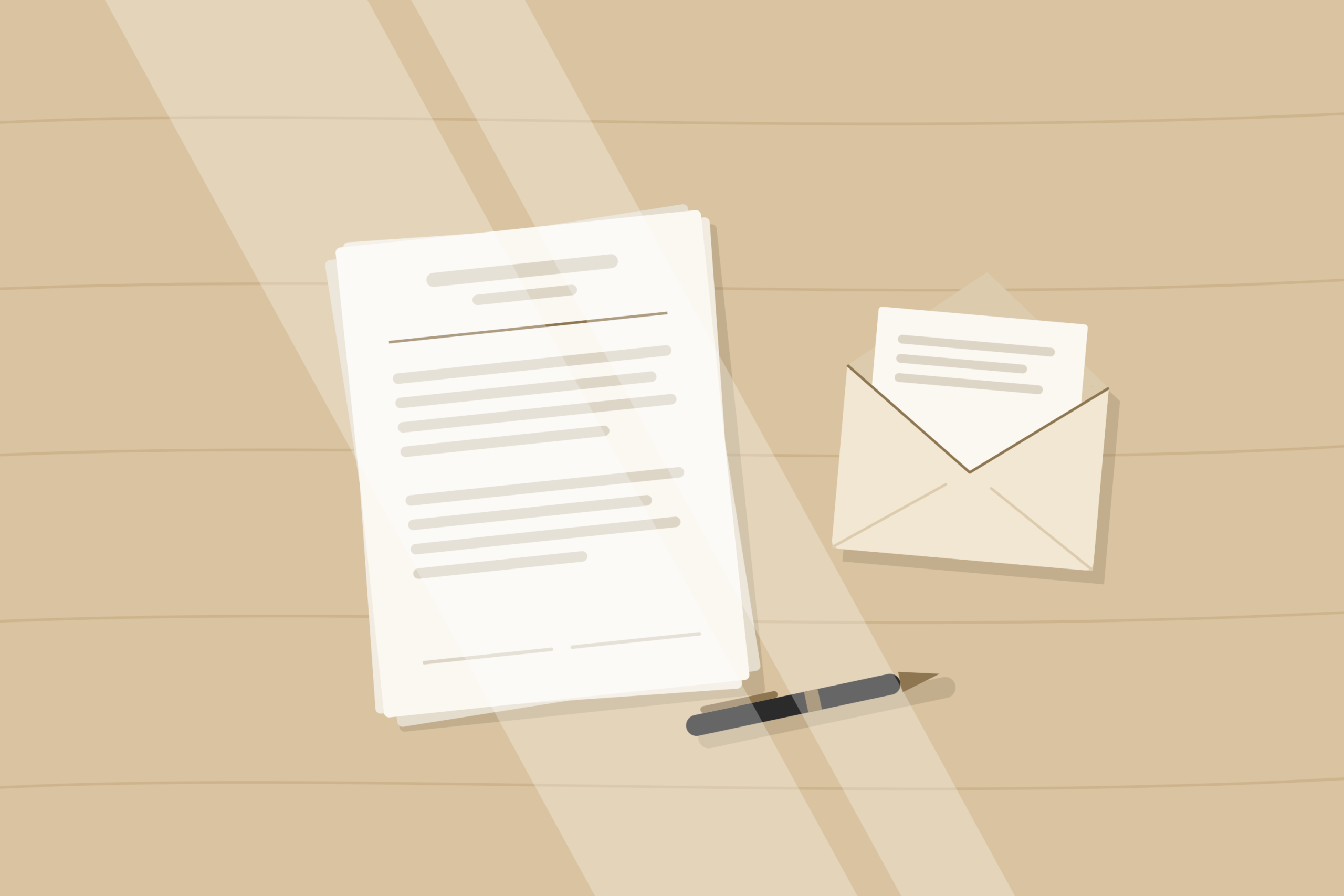 Tidy desk with a stack of papers, a pen and an open envelope in soft natural light