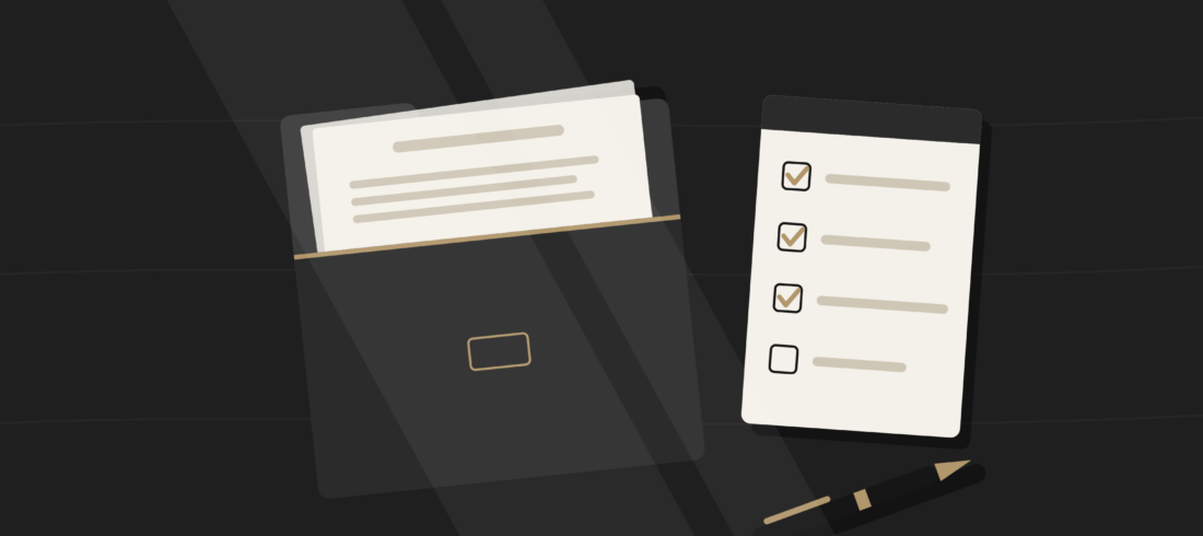Tidy desk with a folder of papers, a checklist notepad and a pen in soft window light