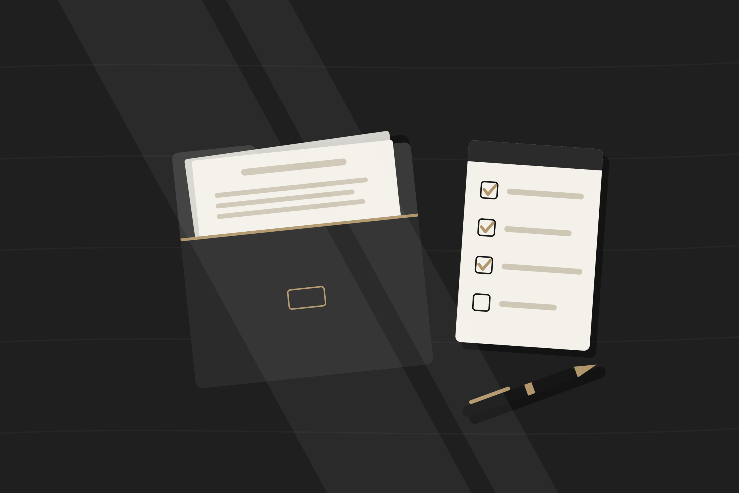 Tidy desk with a folder of papers, a checklist notepad and a pen in soft window light