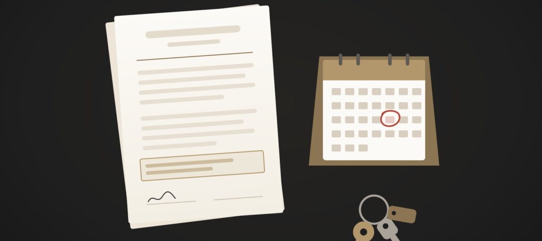 Illustration of a commercial lease beside a desk calendar with one date circled in red and a set of shop keys