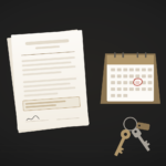 Illustration of a commercial lease beside a desk calendar with one date circled in red and a set of shop keys