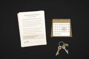option-to-renew-lease-nsw-calendar-keys Illustration of a commercial lease beside a desk calendar with one date circled in red and a set of shop keys