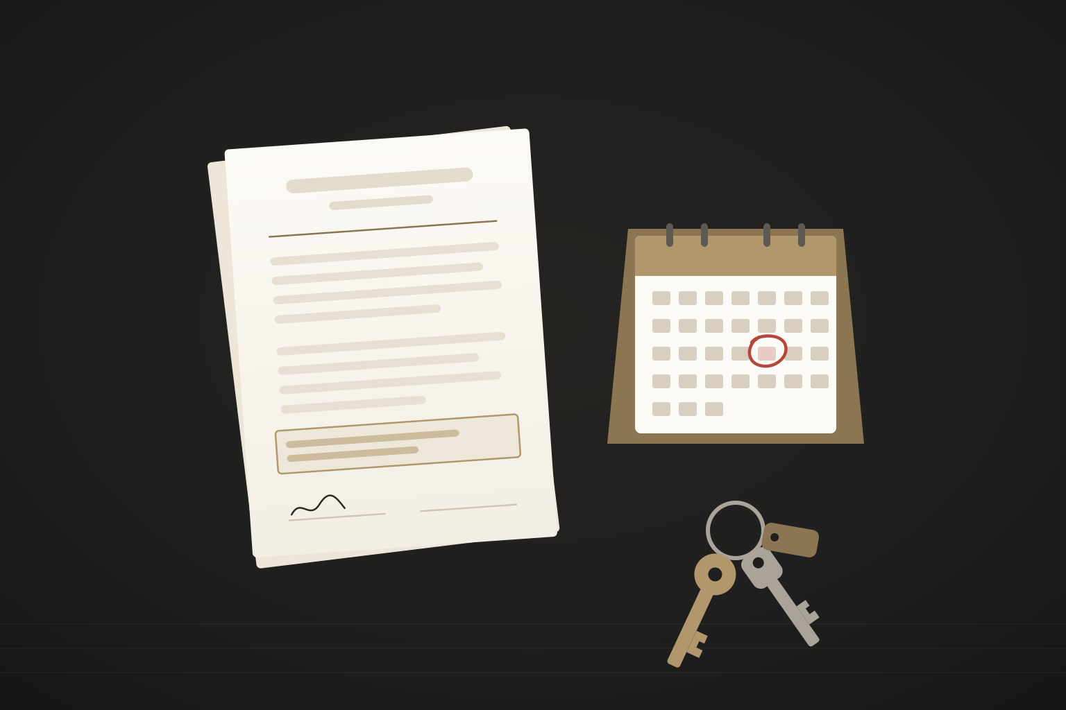 Illustration of a commercial lease beside a desk calendar with one date circled in red and a set of shop keys