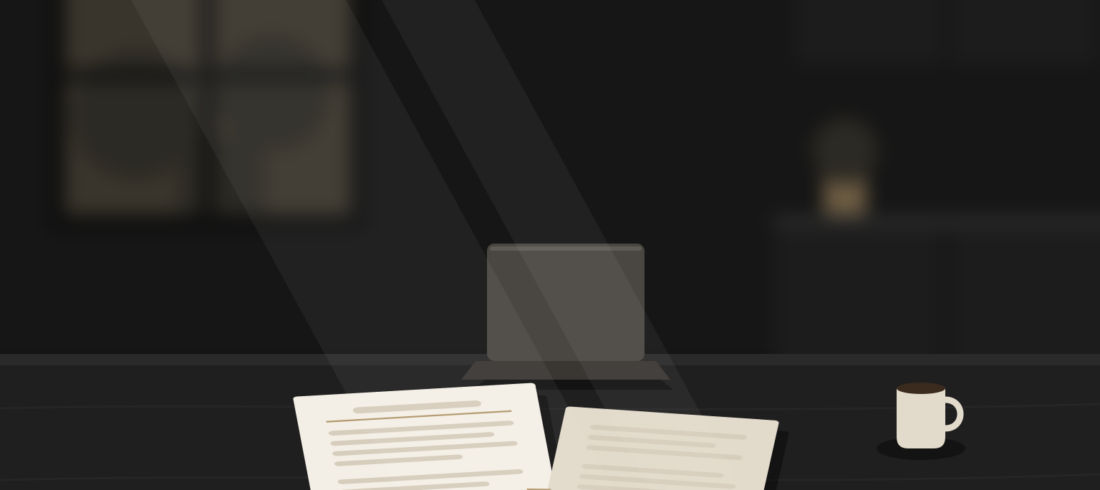 Illustration of paperwork, a pen, a laptop and a mug on a kitchen table, with a softly blurred kitchen behind