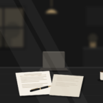 Illustration of paperwork, a pen, a laptop and a mug on a kitchen table, with a softly blurred kitchen behind