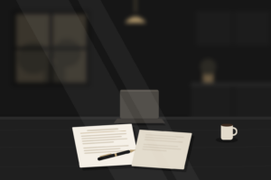 super-laptop-papers Illustration of paperwork, a pen, a laptop and a mug on a kitchen table, with a softly blurred kitchen behind