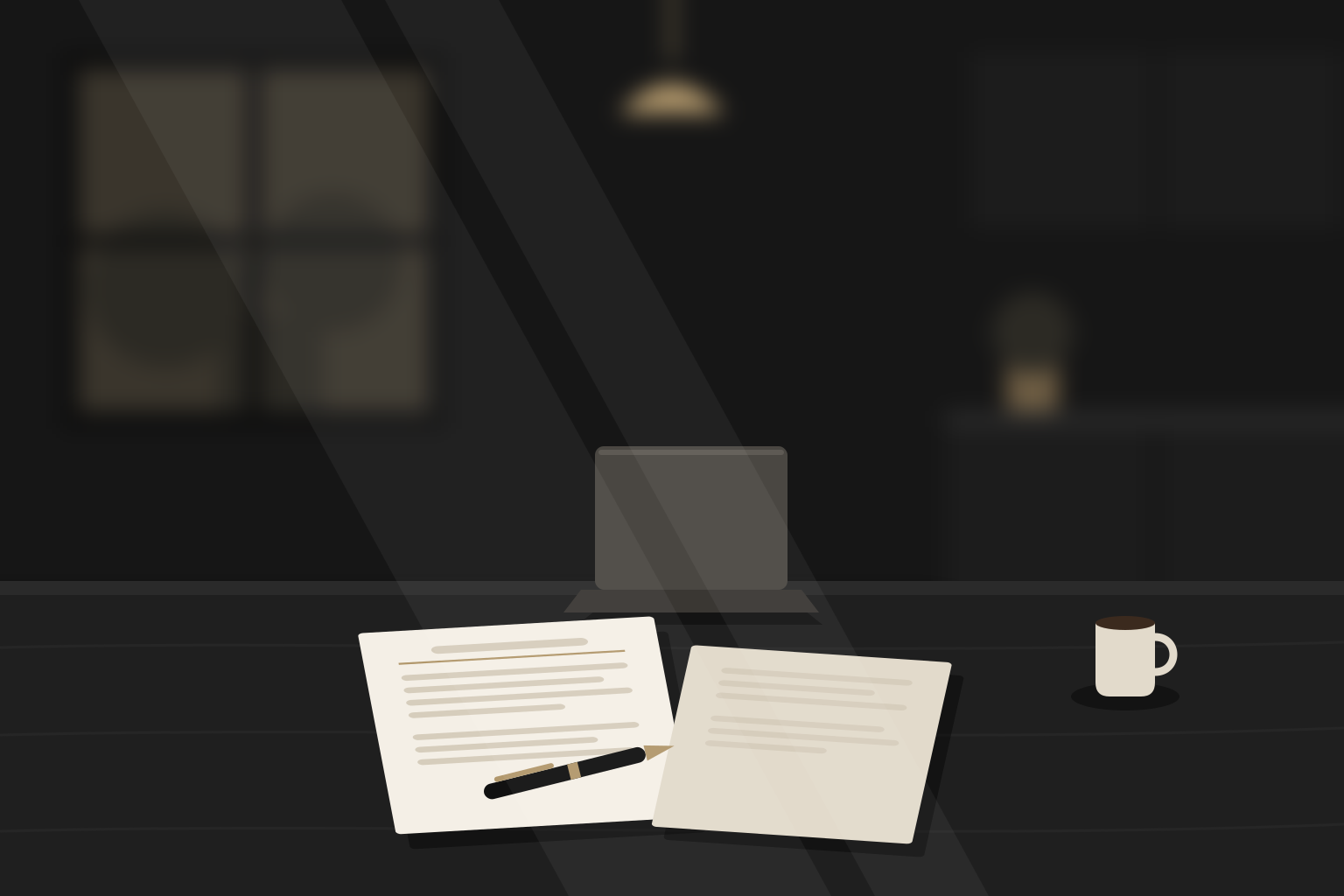 Illustration of paperwork, a pen, a laptop and a mug on a kitchen table, with a softly blurred kitchen behind